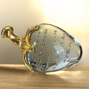 Vintage glass paperweight, strawberry, gold tone stem, controlled bubbles, EUC